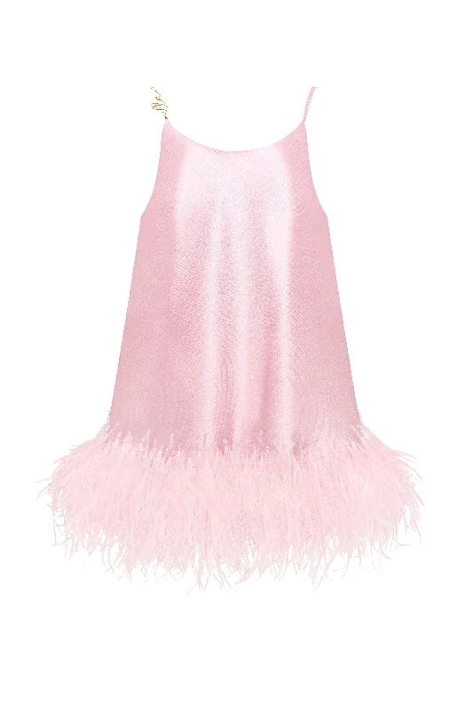 Bohemian pink feather-trimmed slip mini dress, Xo Xo Classic White Mini Dress