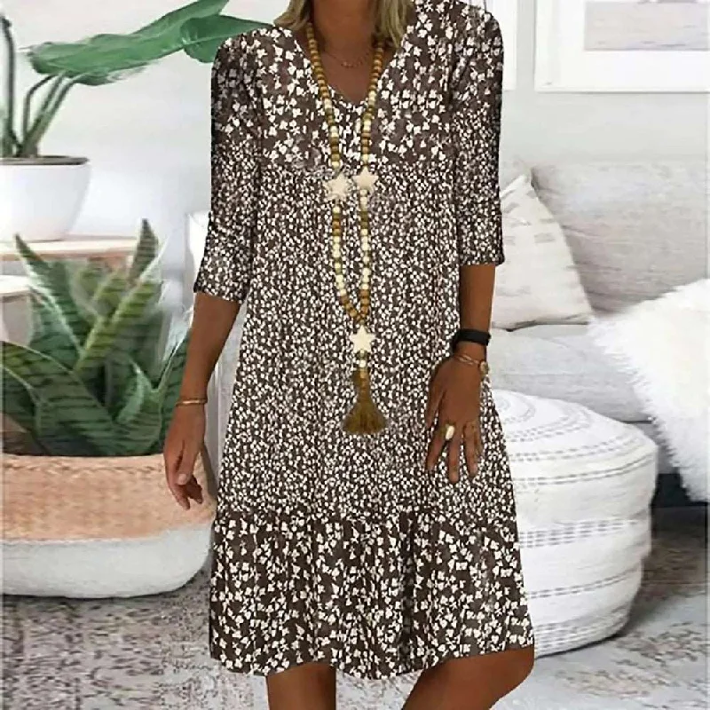 Brown and White Abstract Print Prairie Mini Dress Fashionable Button-Front Mini Dress