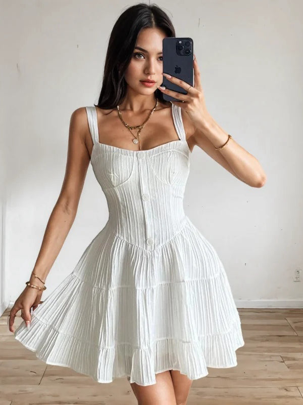 Buttoned Bodice Flared Pleated Skirt White Mini Dress Trendy Tie-Dye Mini Dress