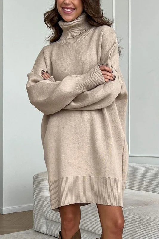 Casual Turtleneck Long Sleeve Shift Winter Oversized Sweater Mini Dress - Khaki Comfortable Ruffle Mini Dress