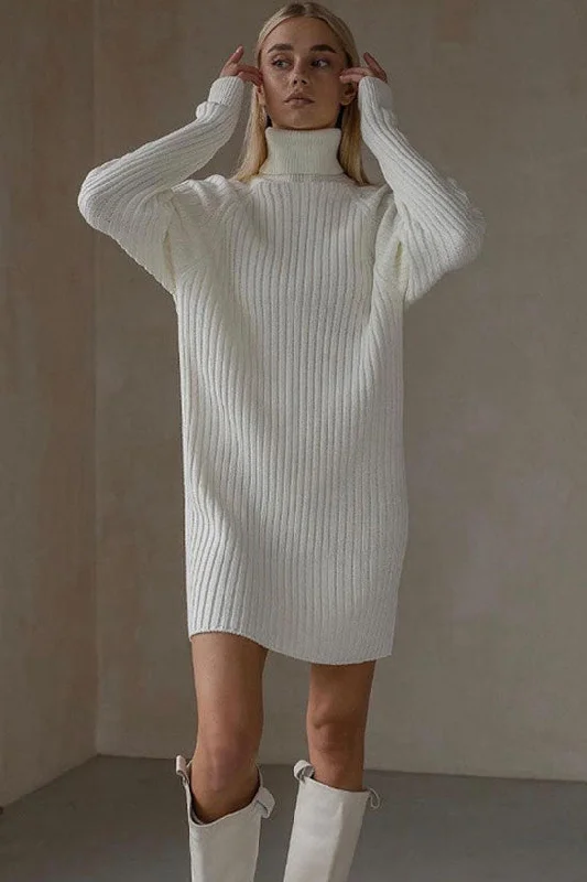 Chic Turtleneck Long Sleeve Chunky Ribbed Knit Winter Sweater Mini Dress - White Fashionable Pleated Mini Dress Chic Turtleneck Long Sleeve Chunky Ribbed Knit Winter Sweater Mini Dress - White Fashionable Pleated Mini Dress