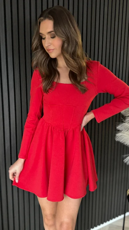 Chloe Red Square Neck Skater Mini Dress Fashionable Party Mini Dress