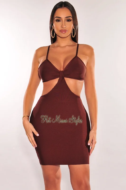 Chocolate Bandage Spaghetti Straps Knotted Cut Out Mini Dress Chic Pleated Mini Dress