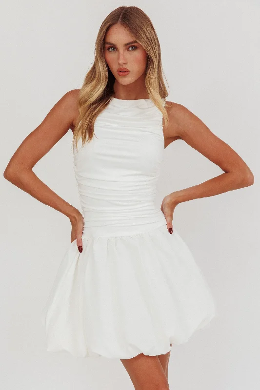 Dalayla Sleeveless Balloon Skirt Mini Dress White Stylish Plaid Mini Dress