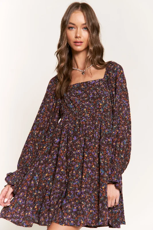 DARK BROWN SQUARE NECK LONG SLEEVES SWING MINI DRESS D9872 Cozy Wraparound Mini Dress