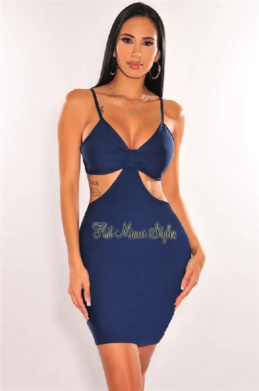 Deep Blue Bandage Spaghetti Straps Knotted Cut Out Mini Dress Trendy Denim Mini Dress