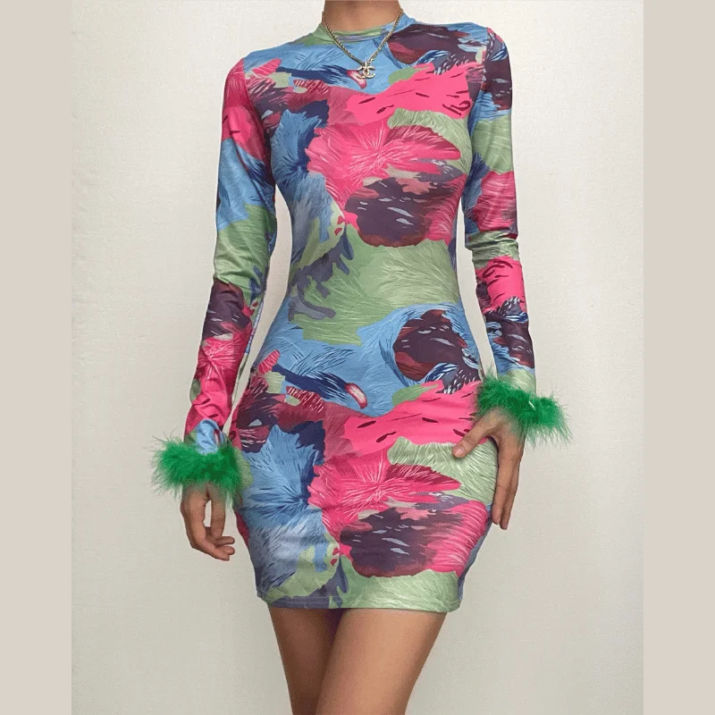 Feather crewneck contrast print long sleeve mini dress Comfortable Ruffle Mini Dress Feather crewneck contrast print long sleeve mini dress Comfortable Ruffle Mini Dress