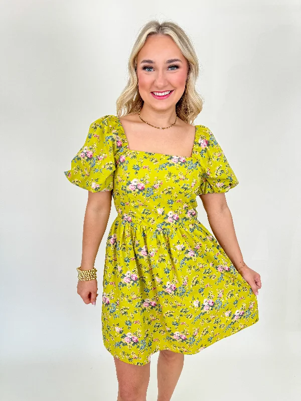 Floral Back Cutout Mini Dress In Celery Comfortable Zip-Up Mini Dress