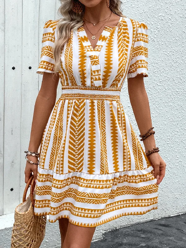 Geometric Notched Short Sleeve Mini Dress Cozy T-Shirt Mini Dress