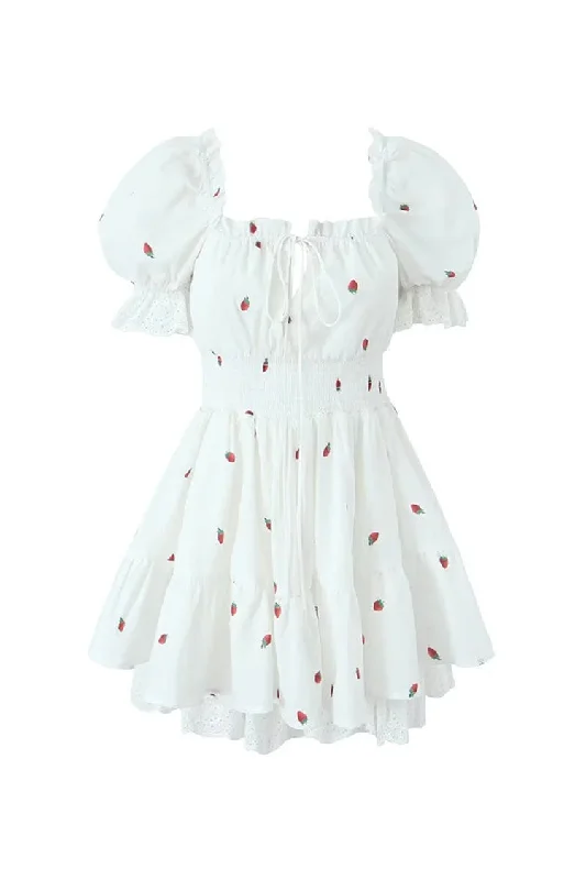 Girlish Strawberry Print Tie Neck Smock Waist Summer Lace Tiered Mini Dress Fashionable Party Mini Dress Girlish Strawberry Print Tie Neck Smock Waist Summer Lace Tiered Mini Dress Fashionable Party Mini Dress