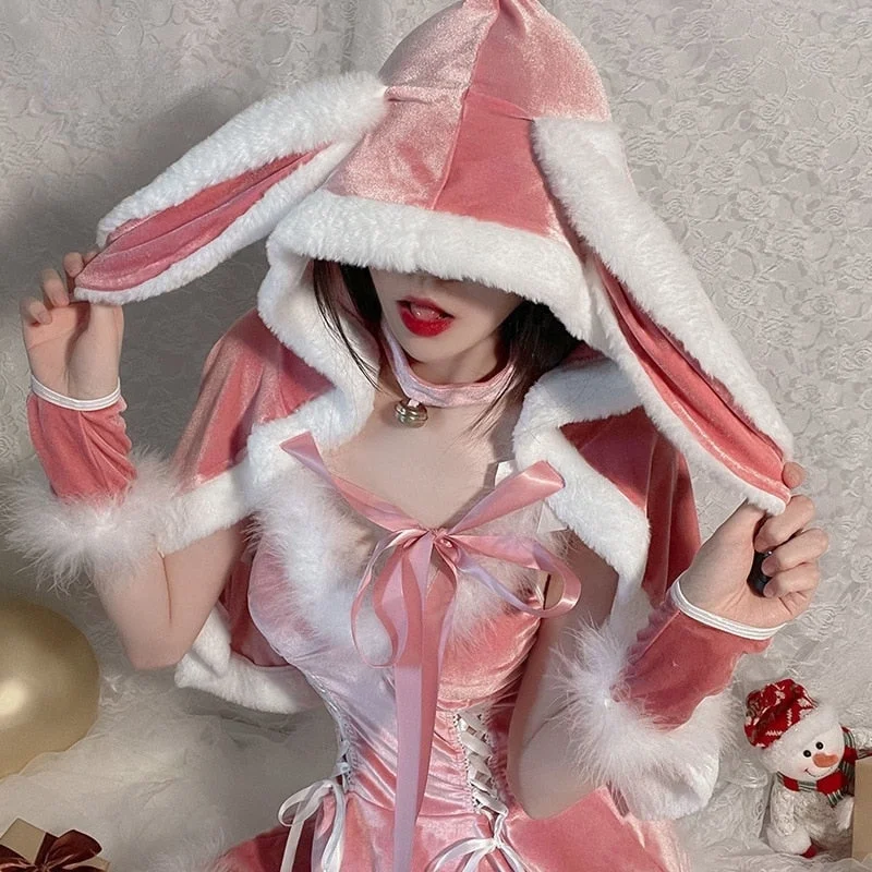 Hooded Pink Christmas Bunny Set Hoodie with Raglan Sleeves Sporty Comfortable