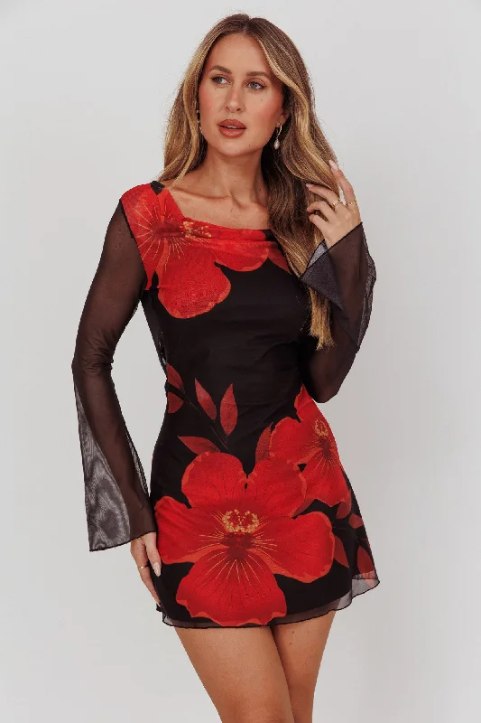 Isabella Long Sleeve Backless Mini Dress Hibiscus Black Cozy Knitted Mini Dress