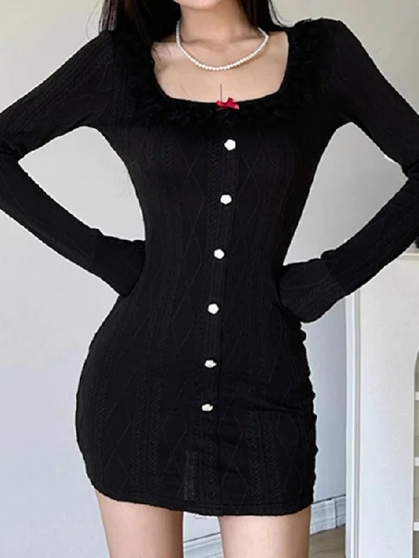 Lace Trim Splice Square Neck Cable Knit Mini Dress Chic Sleeveless Mini Dress