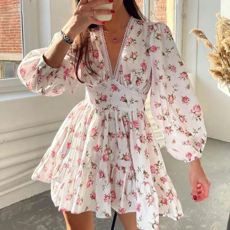 Light Floral Lantern Sleeve V-Neck Mini Dress Modern Satin Mini Dress