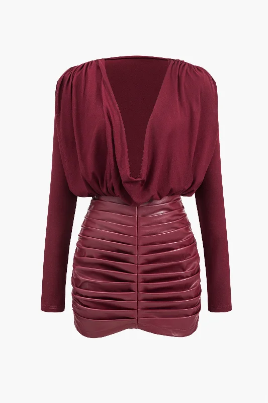 Faux Leather Patchwork Long Sleeve Draped Cowl Neck Mini Dress Stylish Summer Mini Dress Faux Leather Patchwork Long Sleeve Draped Cowl Neck Mini Dress Stylish Summer Mini Dress