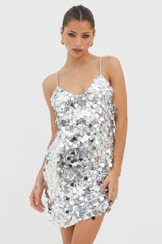 Moon Dust Sequin Mini Dress Silver Trendy Denim Mini Dress
