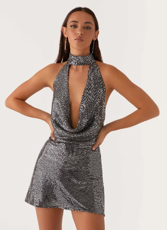 Nora Sequin Cowl Neck Mini Dress - Black Trendy Mesh Mini Dress