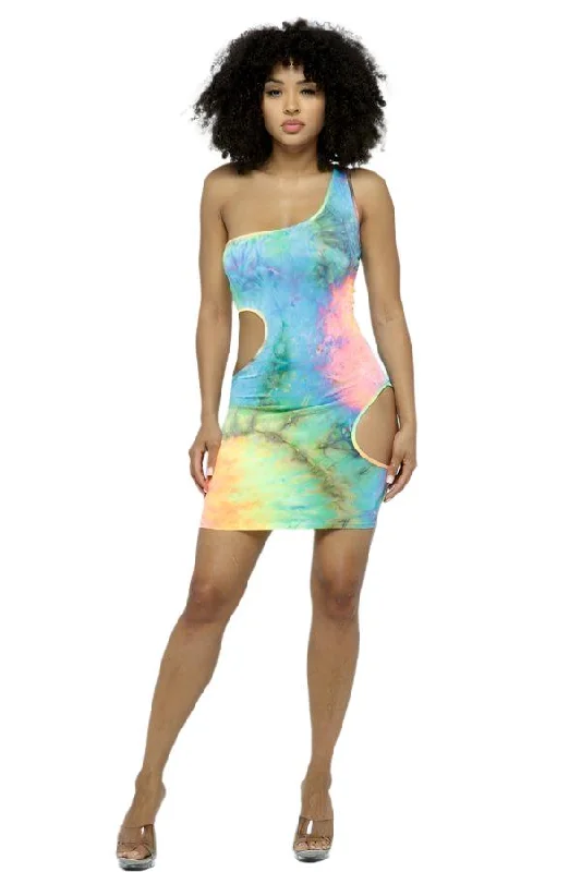 One Shoulder Two Side Cut Off Mini Dress W/mask Comfortable Smocked Mini Dress