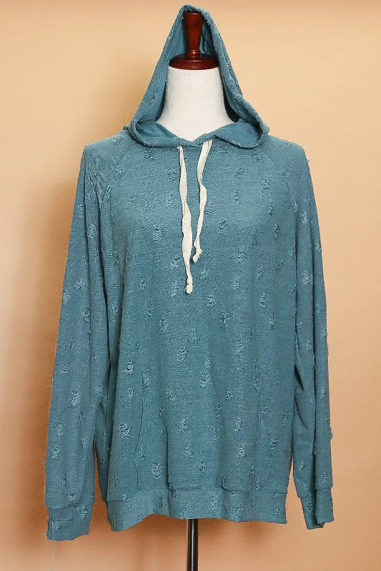 Plus Blue Distressed Hoodie Hoodie with Pattern Geometric Abstract