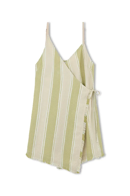 OLIVE STRIPE ORGANIC COTTON WRAP MINI DRESS - OLIVE STRIPE Fashionable A-Line Mini Dress OLIVE STRIPE ORGANIC COTTON WRAP MINI DRESS - OLIVE STRIPE Fashionable A-Line Mini Dress