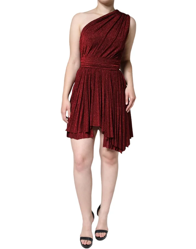 Red One Shoulder Pleated A-line Mini Dress Chic Sleeveless Mini Dress