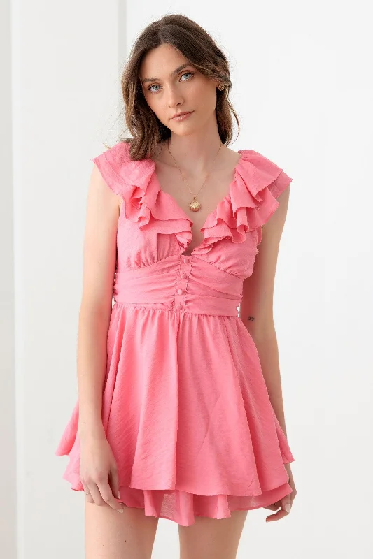 Doll Pink Ruffle Detail Front Button Romper Mini Dress Comfortable Ruffle Mini Dress Doll Pink Ruffle Detail Front Button Romper Mini Dress Comfortable Ruffle Mini Dress