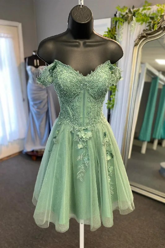 Sage Green Off-the-Shoulder Beaded Appliques A-Line MIni Dress Fashionable Pleated Mini Dress Sage Green Off-the-Shoulder Beaded Appliques A-Line MIni Dress Fashionable Pleated Mini Dress