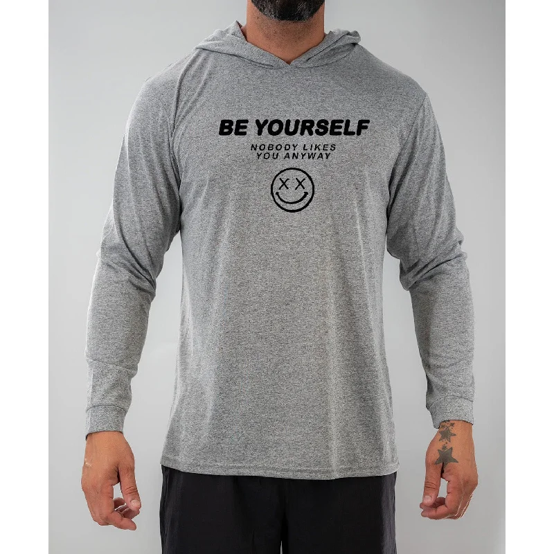 Salty Savage Unisex "Be Yourself" Long Sleeve Hooded Performance UPF 50+ Fishing Tee Hoodie with Longline Fit Extended Stylish