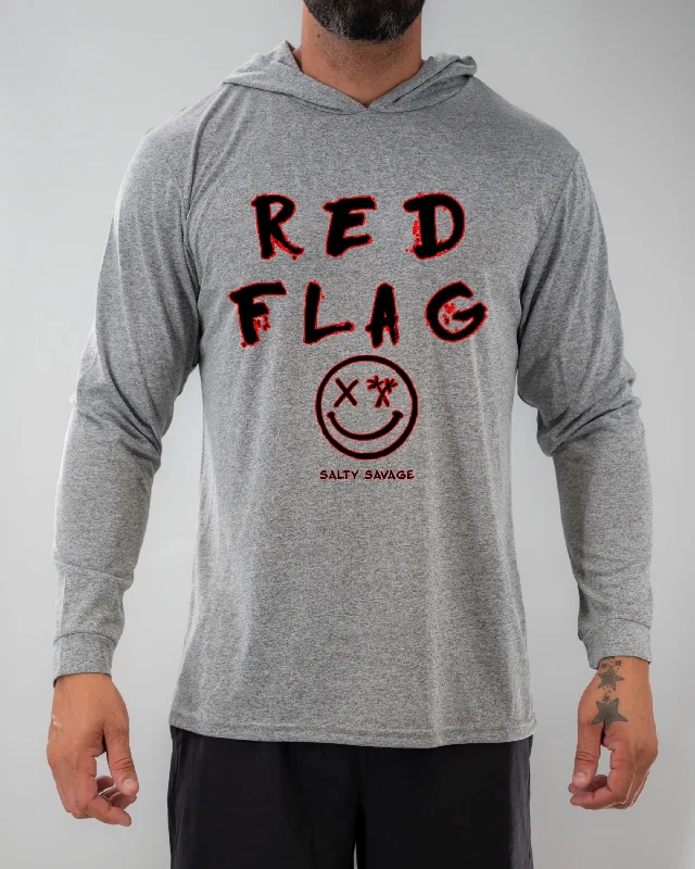 Salty Savage Unisex "RED FLAG" Long Sleeve Hooded Performance UPF 50+ Fishing Tee Hoodie with Earth Tones Natural Calm