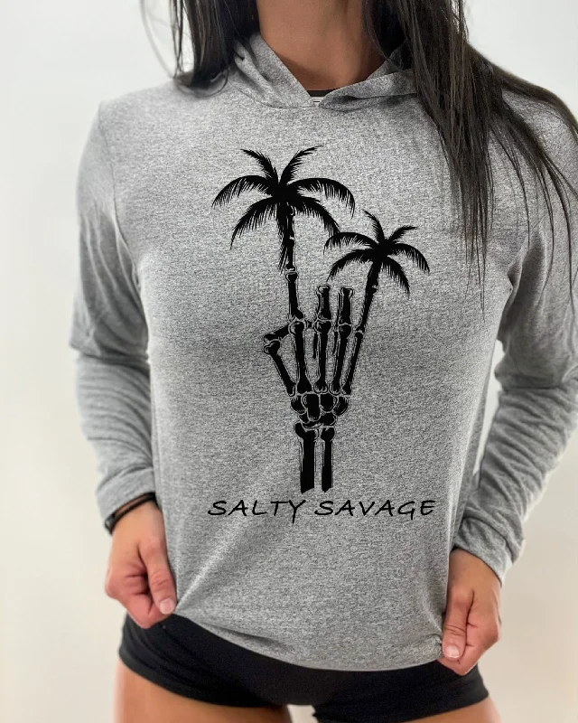 Salty Savage Unisex “Rock On” Long Sleeve Hooded Performance UPF 50+ Fishing Tee Hoodie with Raglan Sleeves Sporty Comfortable