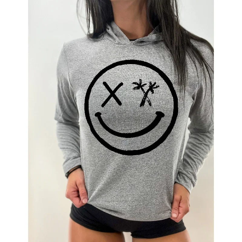 Salty Savage Unisex “Spliced Smile” Long Sleeve Hooded Performance UPF 50+ Fishing Tee | Heather Gray/Black Hoodie with Relaxed Fit Easy Casual