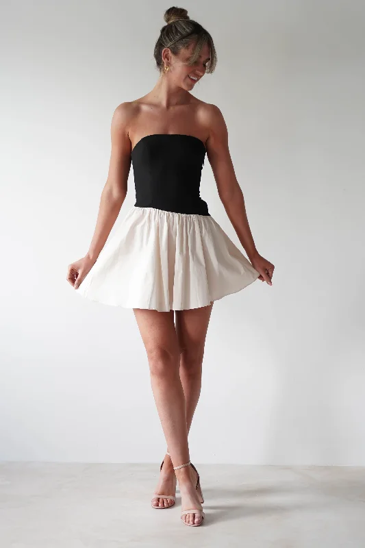 Saskia Strapless Mini Dress | Black/Cream Trendy A-Line Mini Dress