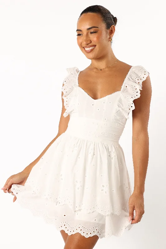 Selda Frill Sleeve Mini Dress - White Casual Mini Dress with Pockets