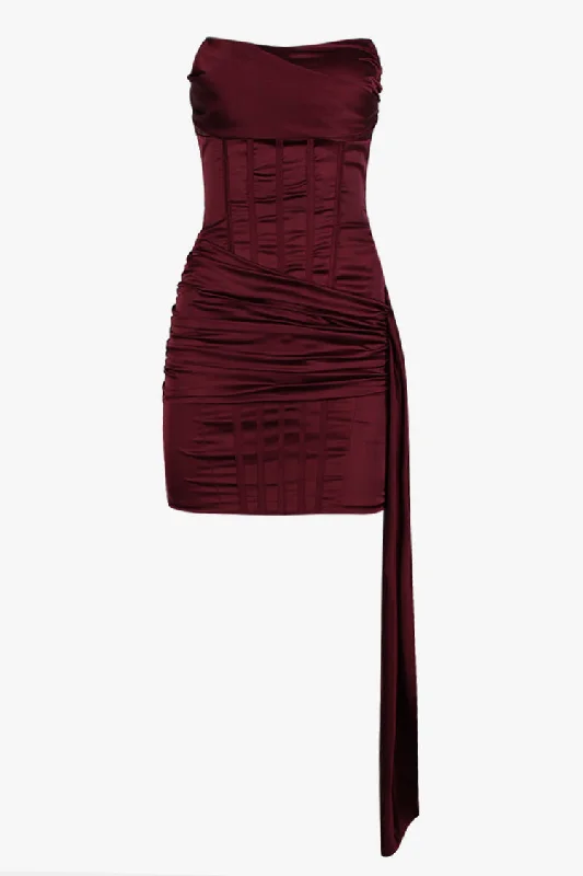 Sexy Bustier Strapless Draped Ruched Bodycon Christmas Satin Party Mini Dress Casual Mini Dress with Pockets