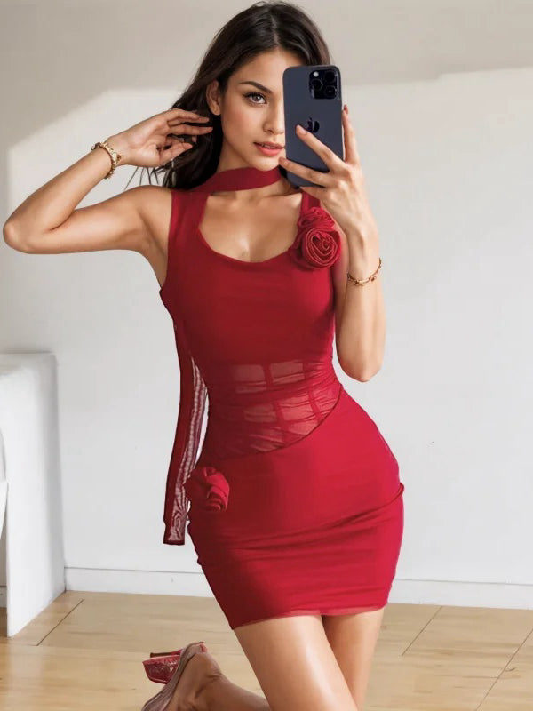 Sheer Waist Red Bodycon Mini Dress Chic Puff Sleeve Mini Dress