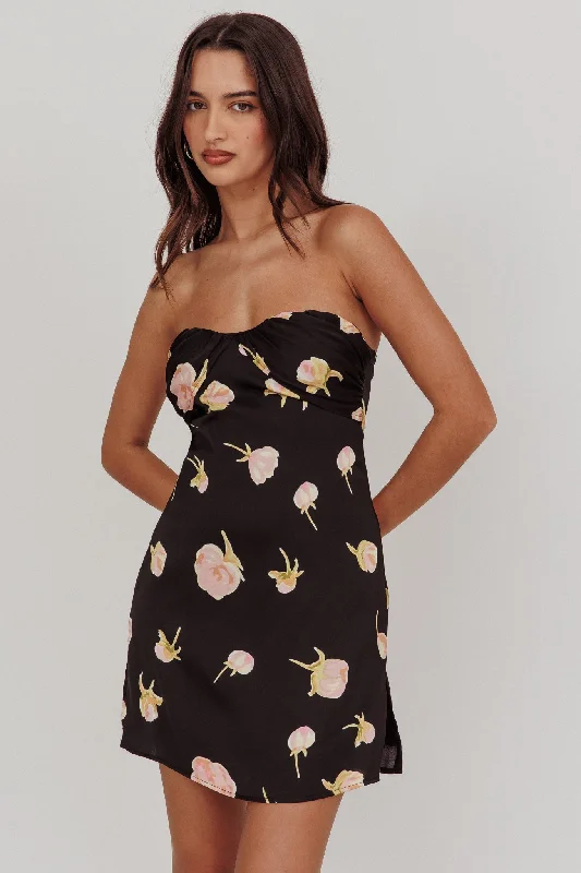 Sian Strapless Sweetheart Mini Dress Flowers Black Elegant Mini Dress with Pleats