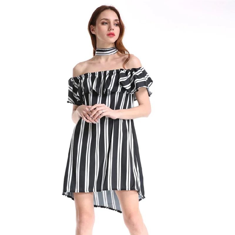 Slash Neck Striped Ruffles Belt A-line Mini Dress Sexy Off Shoulder Loose Dresses Summer Ladies Fashion Elegant Dress Plus Size Fashionable Mini Dress with Slits