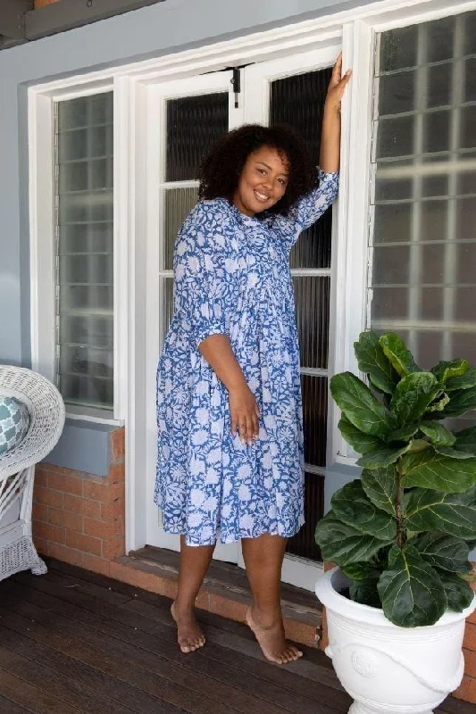 Smocked Mini Dress in Blue Comfortable Fit-and-Flare Mini Dress