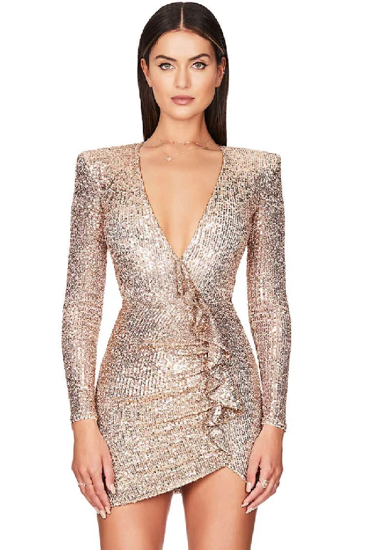 Sparkly Galaxy Long Sleeve Ruffle Deep V Sequin Mini Dress - Champagne Trendy Mini Dress with Belt