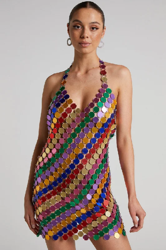 Sparkly Halter V Neck Backless Sheer Disc Sequin Club Mini Dress - Multicolor Trendy Tulle Mini Dress Sparkly Halter V Neck Backless Sheer Disc Sequin Club Mini Dress - Multicolor Trendy Tulle Mini Dress