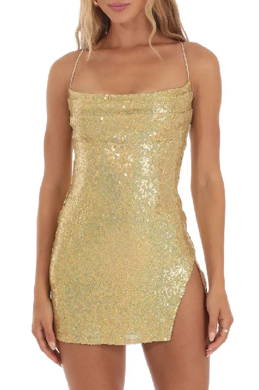 Sparkly Pleated Trim Sleeveless Slit Bodycon Sequin Party Mini Dress - Gold Comfortable Off-Shoulder Mini Dress Sparkly Pleated Trim Sleeveless Slit Bodycon Sequin Party Mini Dress - Gold Comfortable Off-Shoulder Mini Dress