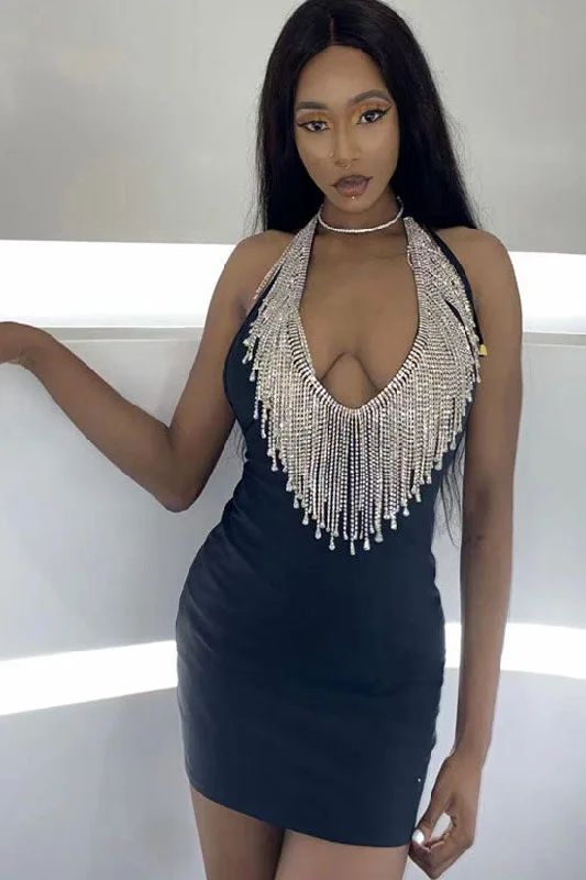 Sparkly Rhinestone Fringe Deep V Neck Halter Bodycon Party Mini Dress - Black Comfortable Ruffle Mini Dress Sparkly Rhinestone Fringe Deep V Neck Halter Bodycon Party Mini Dress - Black Comfortable Ruffle Mini Dress
