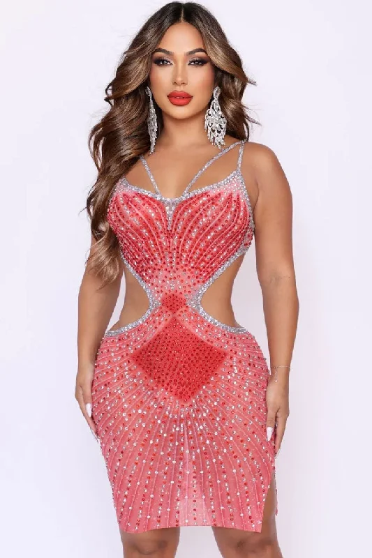 Sparkly Rhinestone V Neck Sheer Mesh Cutout Party Mini Dress - Red Fashionable Polka Dot Mini Dress Sparkly Rhinestone V Neck Sheer Mesh Cutout Party Mini Dress - Red Fashionable Polka Dot Mini Dress