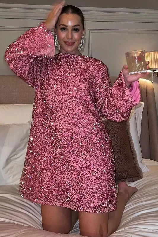 Sparkly Sequin Bow Tie Long Sleeve Oversized Velvet Party Mini Dress - Hot Pink Chic Pleated Mini Dress Sparkly Sequin Bow Tie Long Sleeve Oversized Velvet Party Mini Dress - Hot Pink Chic Pleated Mini Dress