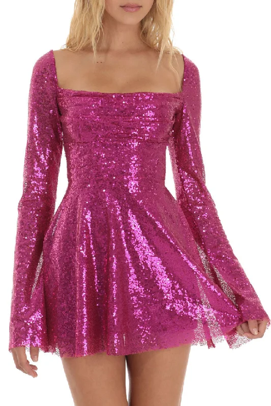 Sparkly Sequin Pleated Square Neck Bell Sleeve Skater Party Mini Dress - Hot Pink Chic Pleated Mini Dress Sparkly Sequin Pleated Square Neck Bell Sleeve Skater Party Mini Dress - Hot Pink Chic Pleated Mini Dress