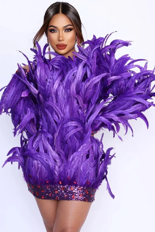 Sparkly Sequin Rhinestone Feather Embellished Bodycon Party Mini Dress - Purple Chic Puff Sleeve Mini Dress Sparkly Sequin Rhinestone Feather Embellished Bodycon Party Mini Dress - Purple Chic Puff Sleeve Mini Dress