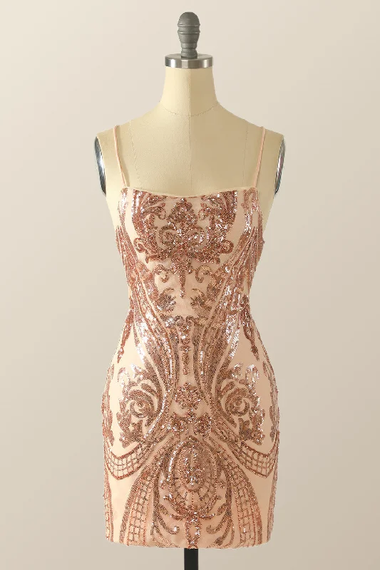 Straps Champagne Sequin Pattern Bodycon Mini Dress Comfortable Linen Mini Dress