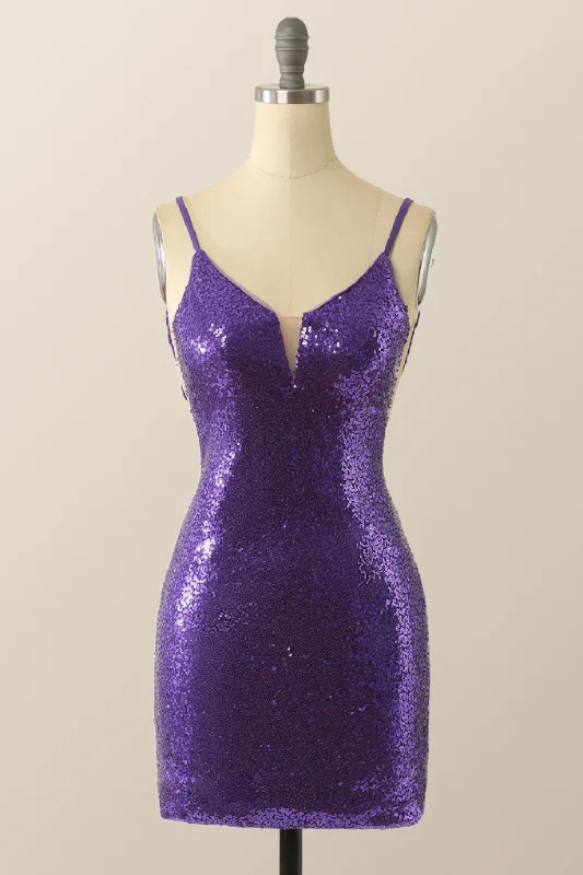Straps Purple Sequin Bodycon Mini Dress Stylish Sweetheart Neck Mini Dress