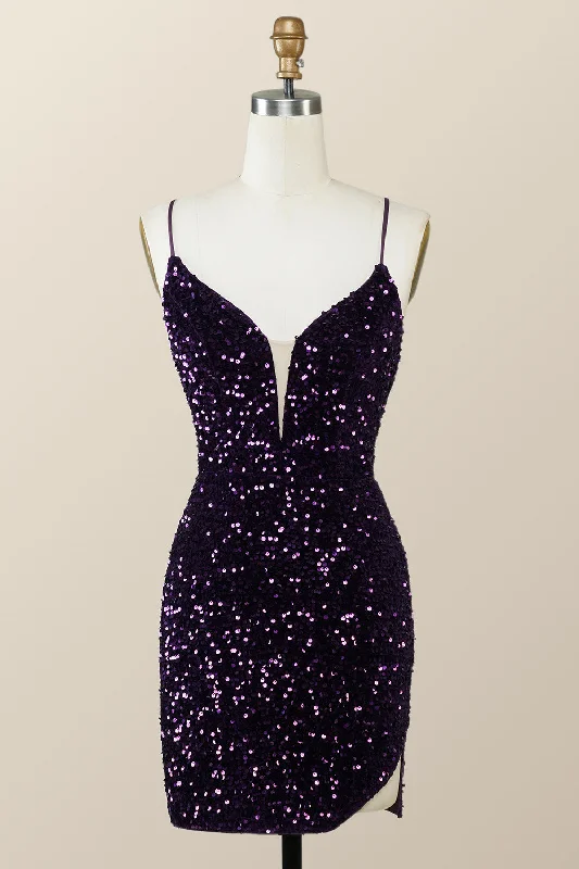 Straps Purple Sequin Tight Mini Dress with Slit Elegant Silk Mini Dress