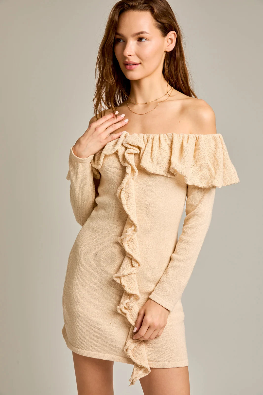 Off The Shoulder Ruffle Long Sleeve Sweater Mini Dress Elegant Tulle Mini Dress